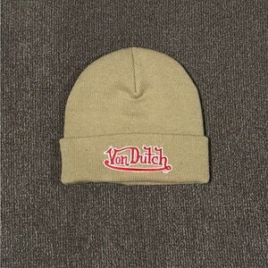 Von Dutch Khaki Beanie with Red Logo